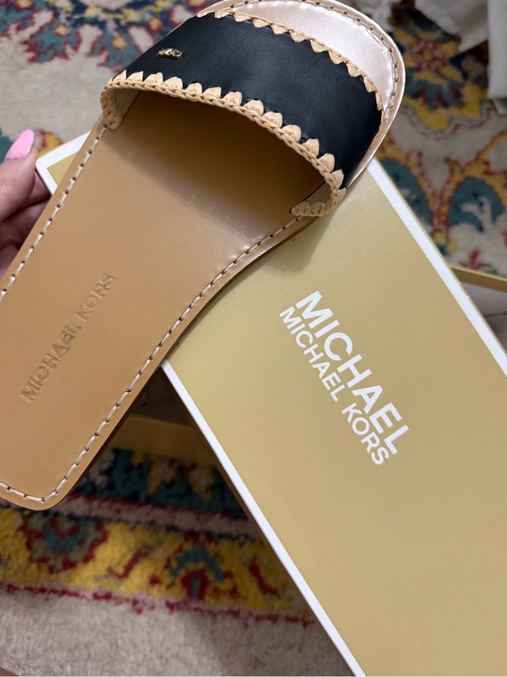 Michael Kors Black and Tan Leather Slide Mules